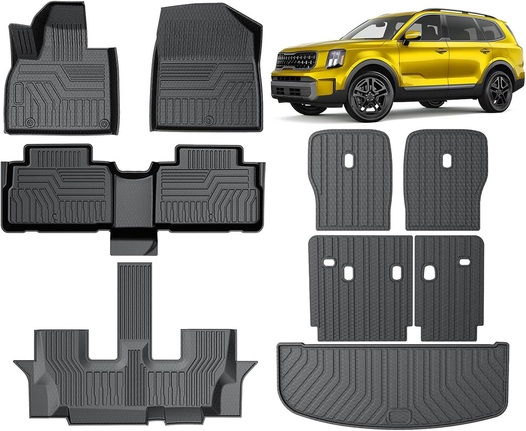 KUST Floor Mats Set for 2020-2025 Kia Telluride Accessories (7 Seats), Rear Cargo Trunk Liner with 2nd/3rd Row Backrest Kick Mat All Weather Protection TPE Rubber Raised Edge, Full Set of 9pcs