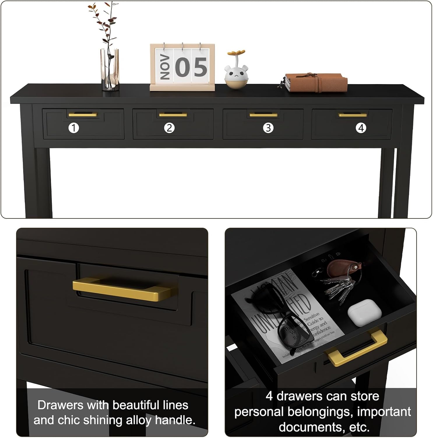 Kinfant Solid Wood Console Table - Entryway Table with 4 Drawers and a Bottom Storage Shelf, 60 Inch Narrow Long Sofa Table for Living Room, Hallway, Front Hall, Couch, Black