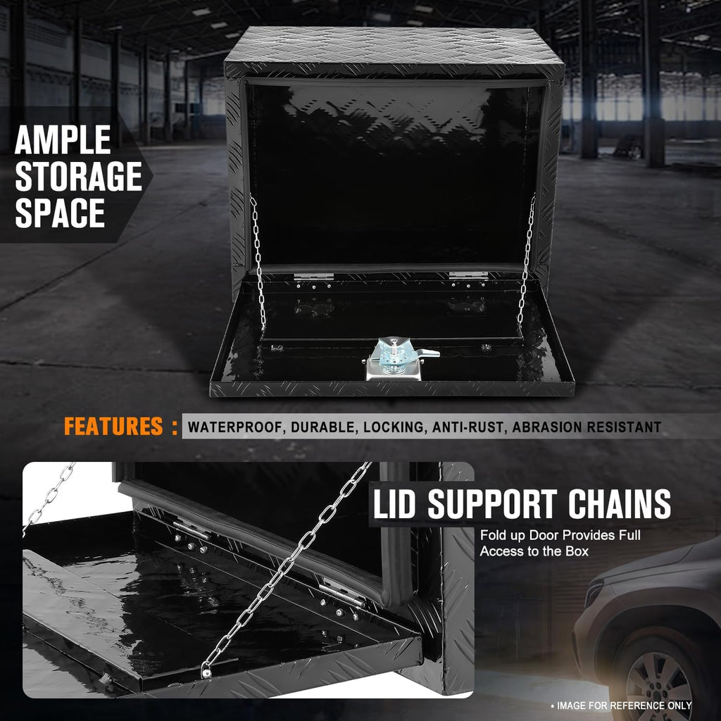PM PERFORMOTOR Black Aluminum Steel Heavy Duty Trailer Powdercoated Tool Box Chest Box Pickup Truck Bed Storage Toolbox with T-Bar Lock Handle and 2 Keys, 61cm W x 46cm H x 45D