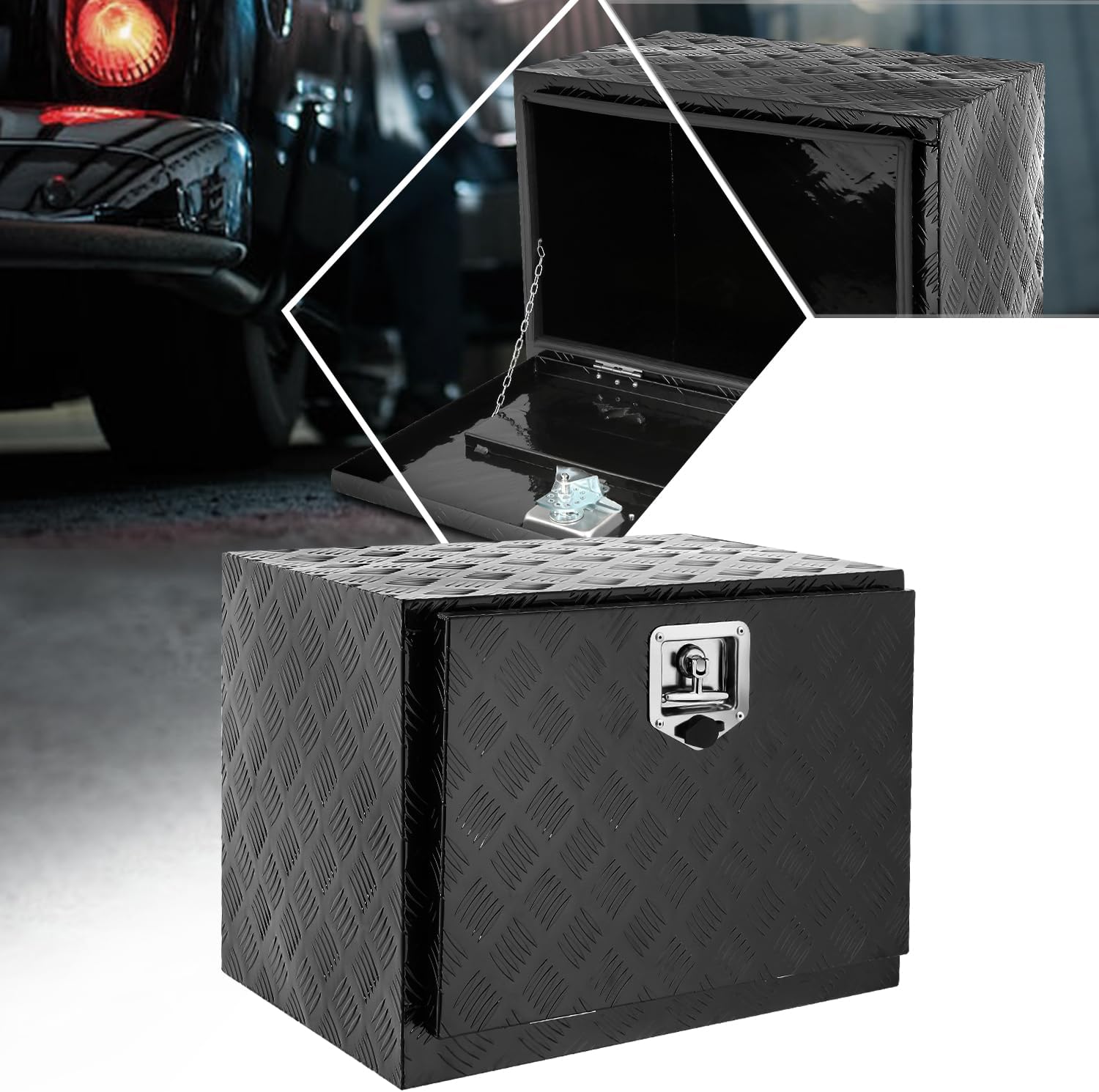 PM PERFORMOTOR Black Aluminum Steel Heavy Duty Trailer Powdercoated Tool Box Chest Box Pickup Truck Bed Storage Toolbox with T-Bar Lock Handle and 2 Keys, 61cm W x 46cm H x 45D