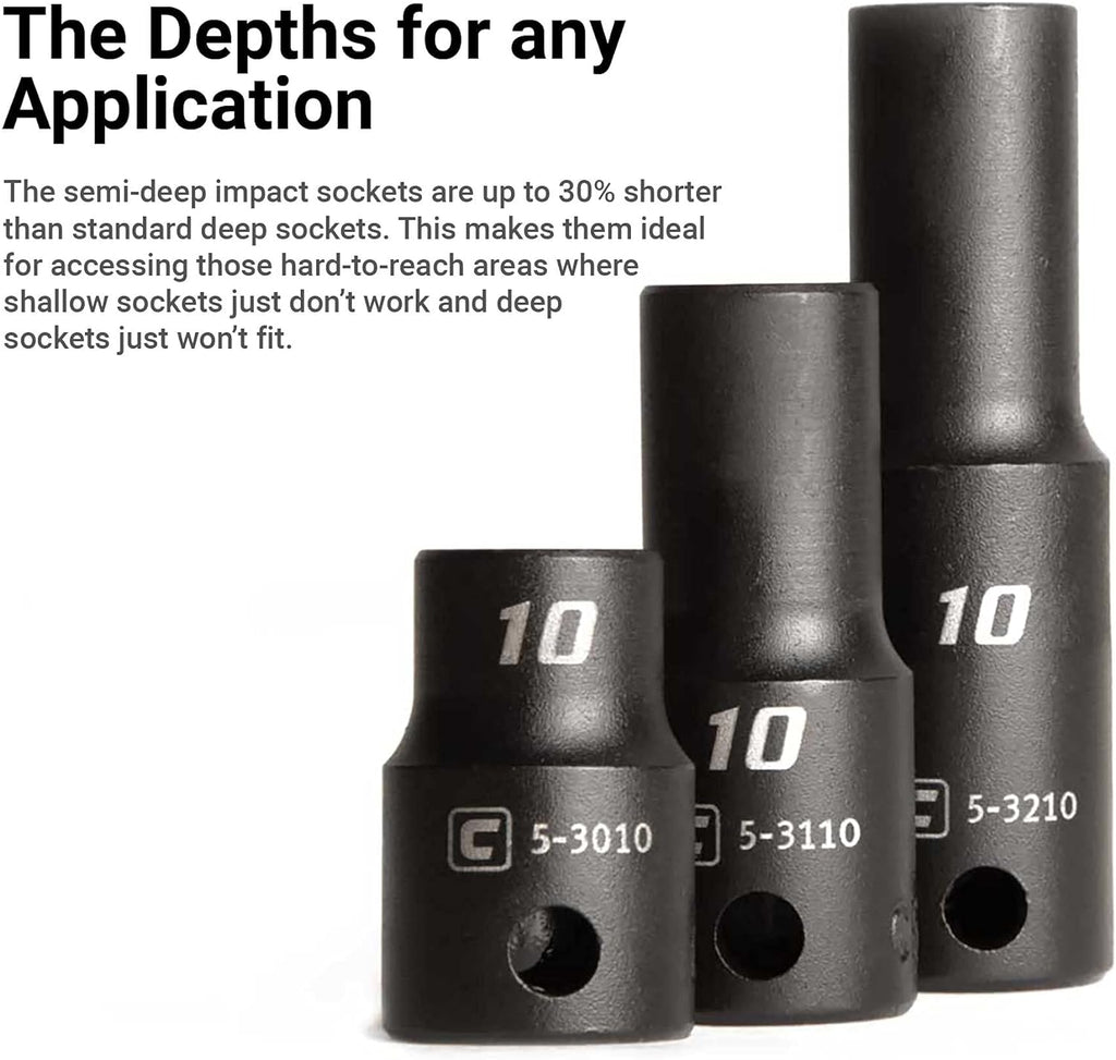 Capri Tools 3/8 in. Drive Shallow, Semi-Deep and Deep Impact Socket Set, Metric, 8 to 22 mm, 45-Piece with Billet Aluminum Socket Rail