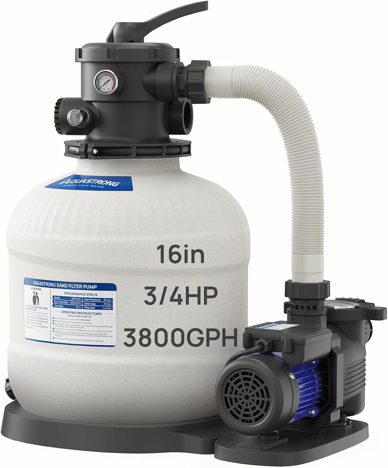 AQUASTRONG Sand Filter Pump for Above Ground Pool, Pool Pumps Above Ground, Pool Sand Filter with 6-Way Valve,Improved Circulation and Filtration,16in, up to 16000 Gallons
