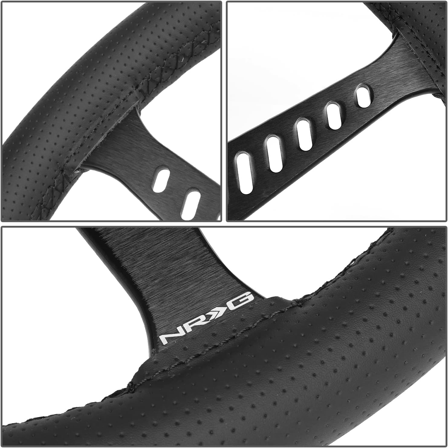NRG Innovations NRG-RST-380STL-B Reinforced Classic Stealth Wheel, 380mm, 3 Spoke Center with Diagnal Slits, 1' Deep Dish with Perforated Leather and Black Stitching