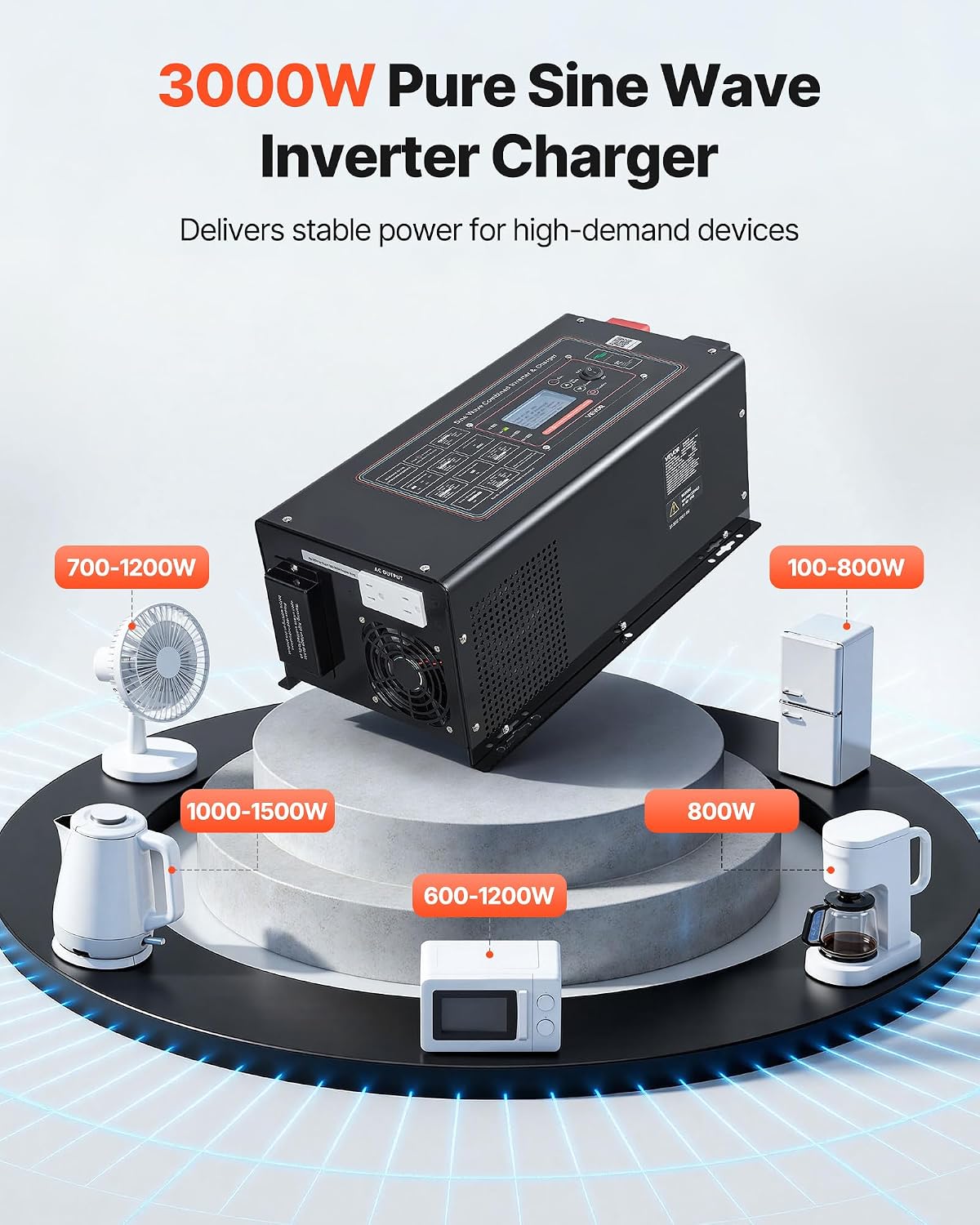 VEVOR Pure Sine Wave Inverter Charger, 3000W, DC 12V to AC 120V Power Inverter with LCD Display, Remote Control, Low Frequency, for RV Camper Home, Compatible with 12V LiFePO4 and Lithium Batteries