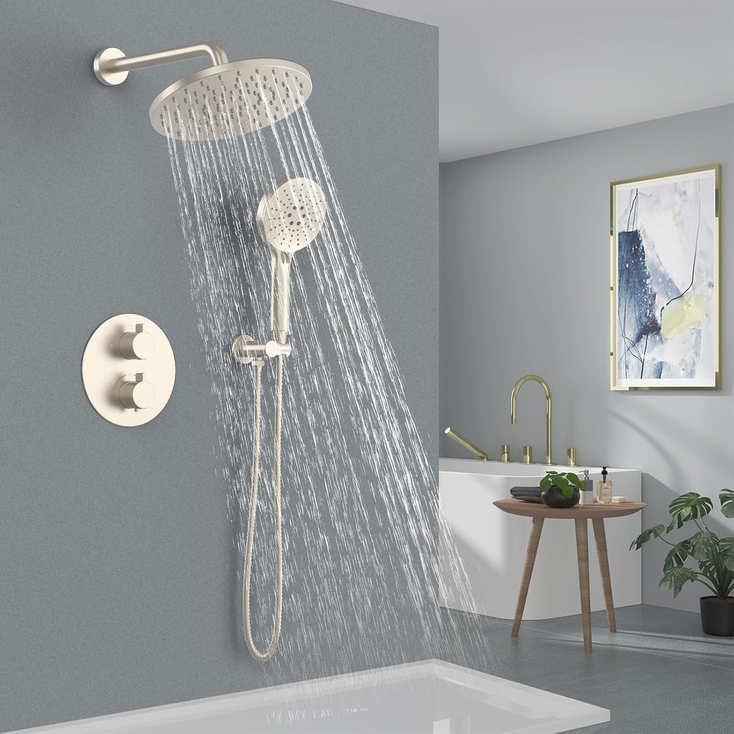 Iriber Thermostatic Shower System Wall Mount with 10 Inch Roud Rainfall Shower Head and Handheld,Shower Faucet Mixer Trim Kit (Valve Included),Brushed Nickel