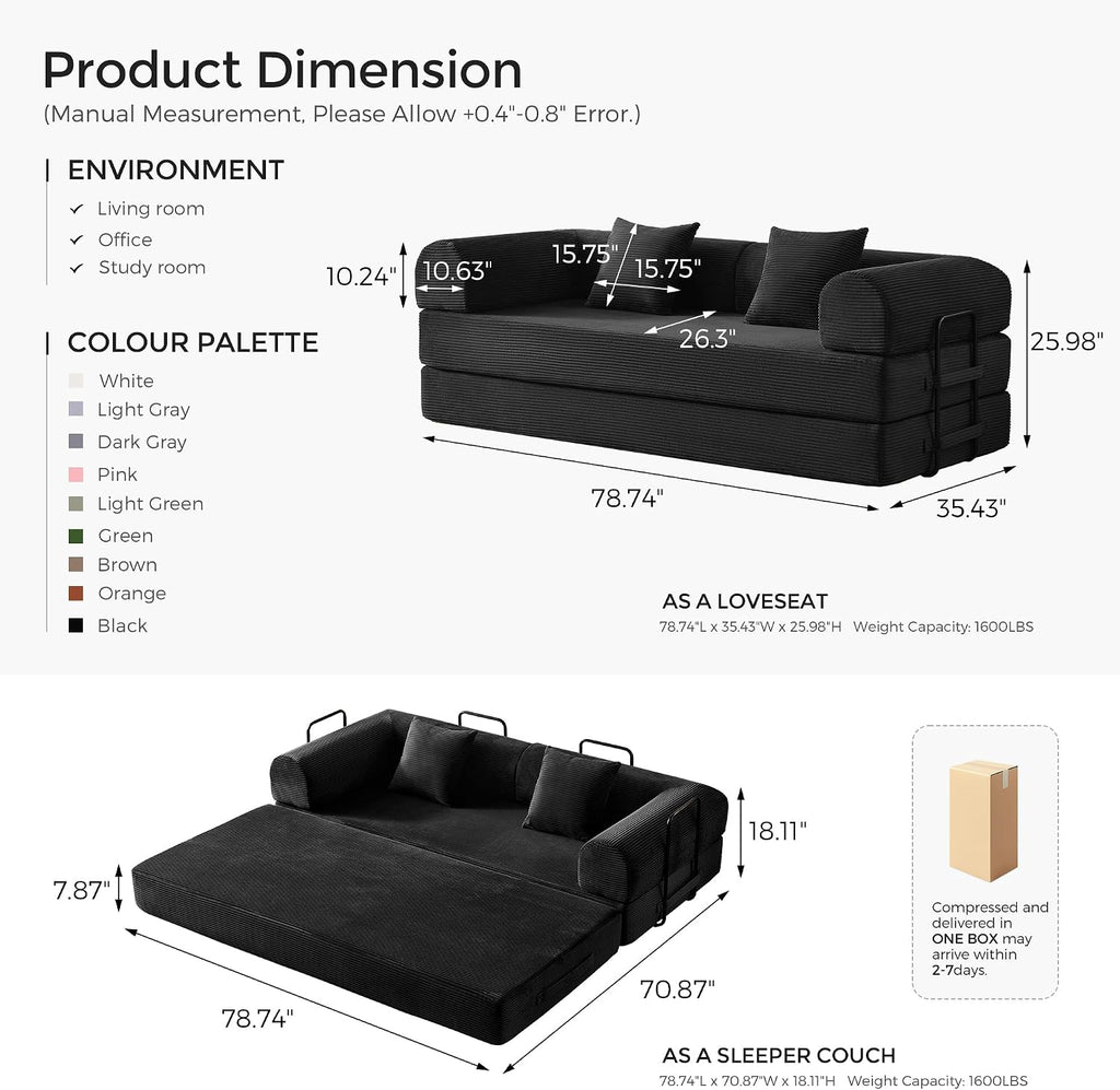 79' Convertible Sofa Bed with Fixed-Shape Frame & Removable Armrests, Modular Corduroy Sleeper Sofa, Folding Mattress Couch for Small Spaces - No Assembly Needed in Black (Includes 2 Pillows)