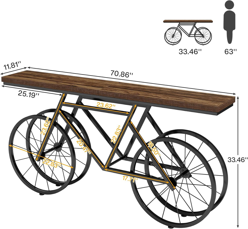 Tribesigns Extra Long Console Table, 70.9-Inch Narrow Sofa Table Behind Couch with Bicycle Metal Base, Industrial Entryway Table for Entrance, Hallway, Living Room, Brown