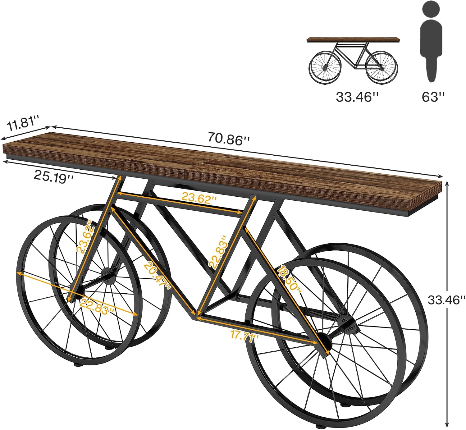 Tribesigns Extra Long Console Table, 70.9-Inch Narrow Sofa Table Behind Couch with Bicycle Metal Base, Industrial Entryway Table for Entrance, Hallway, Living Room, Brown