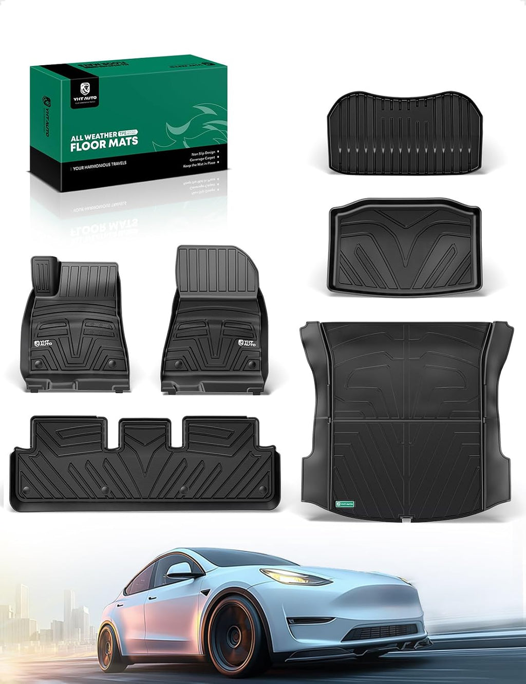 YHTAUTO for Tesla Model 3 Floor Mats 2023 2022 2021 Accessories, All Weather TPE Car Mats Carpet, Front Trunk Mat Rear Cargo Liner Storage Mat, Anti-Slip Waterproof Odorless