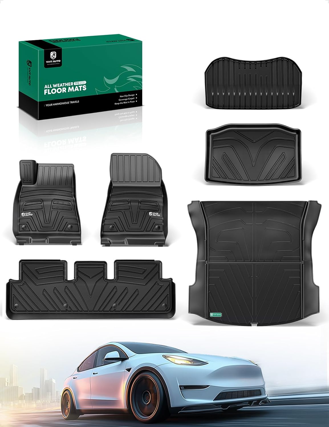 YHTAUTO for Tesla Model 3 Floor Mats 2023 2022 2021 Accessories, All Weather TPE Car Mats Carpet, Front Trunk Mat Rear Cargo Liner Storage Mat, Anti-Slip Waterproof Odorless
