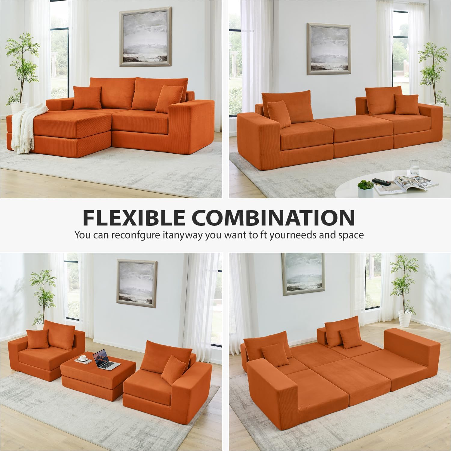 80 Inches Modular Sectional Loveseat Sofa, Cloud Boneless Couch with Non-Slip Base, Modern Sleeper Sofa Bed for Living Room, Small Spaces, No Assembly Required, Corduroy (Orange)