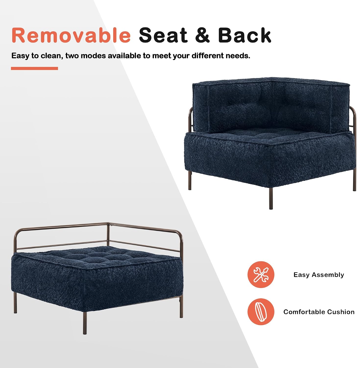 MCombo Modular Sofa Couch with Removable Cushion, Accent Sofa Chair, Upholstered Sofa for Living Room, Apartment, Office (Blue, Three Seats)