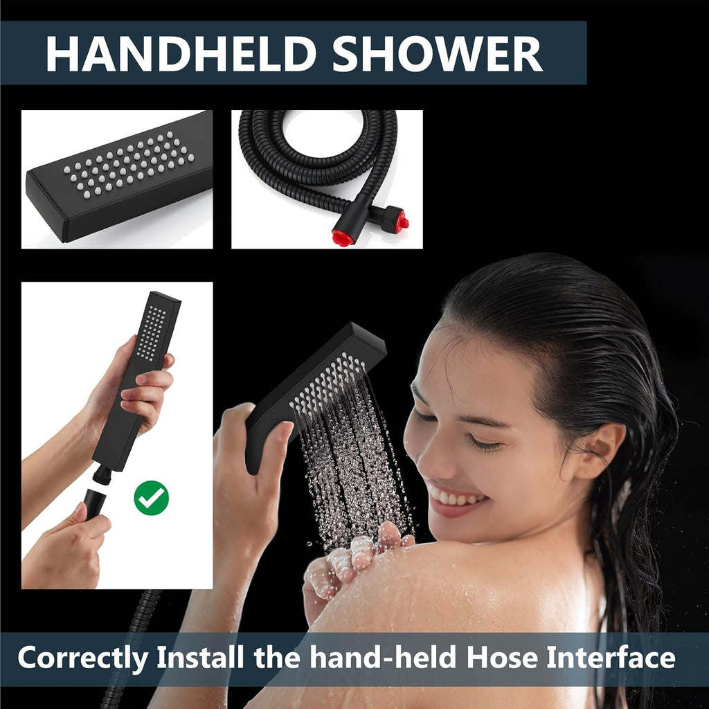 Aolemi Shower Faucet Set Rain Shower System with Handheld Spray Bathroom Shower Combo Rough-in Valve and Shower Trim Kit Included Matte Black 12 Inch Wall Mount Shower Head