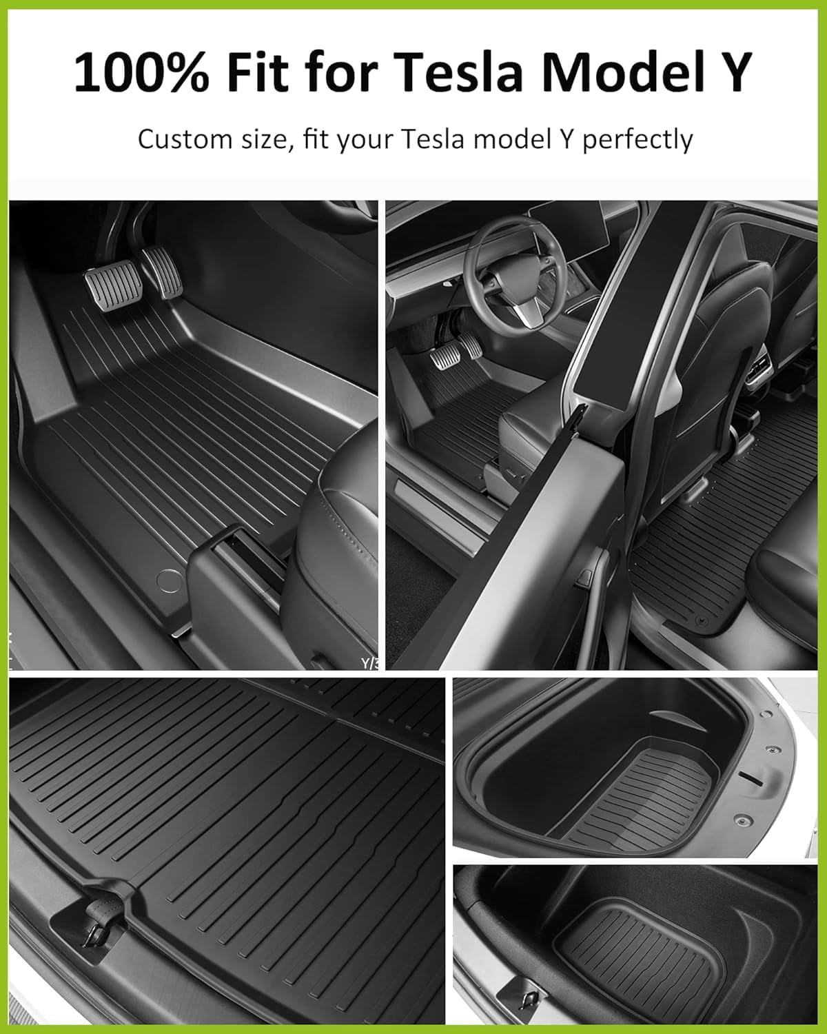 Floor Mats for 2021-2024 Tesla Model Y, 9PCS All Weather Full Set Cargo Liners Accessories, 3D TPE Odorless Trunk Frunk Rear Well Mats Custom for 5-Seater(Not Fit 7Seat & 2025-2026 Juniper)