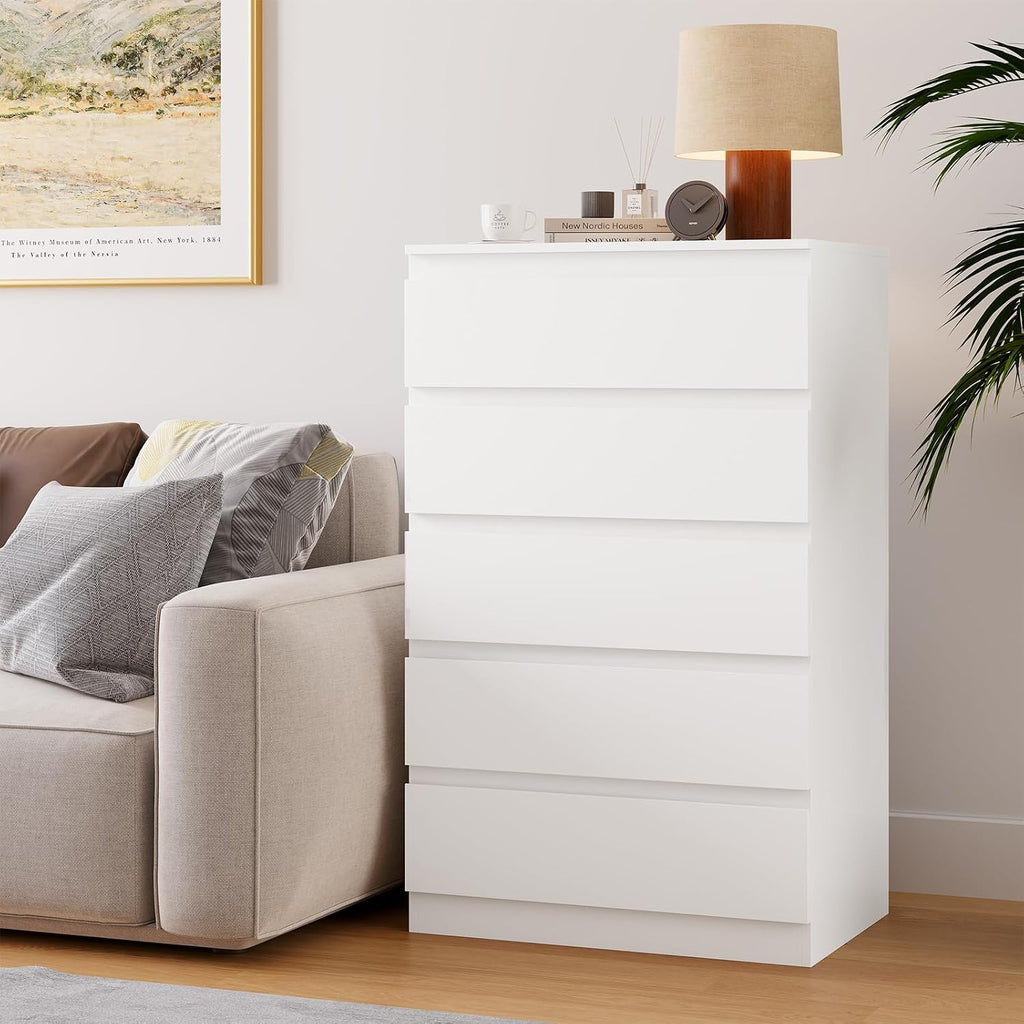 OtterOasis White Wood Dresser for Bedroom, 5 Drawer for Clothes Storage, Modern Dresser with Wide Drawers, Wide Wooden Chest Drawers for Living Room, Entryway, TV Stand