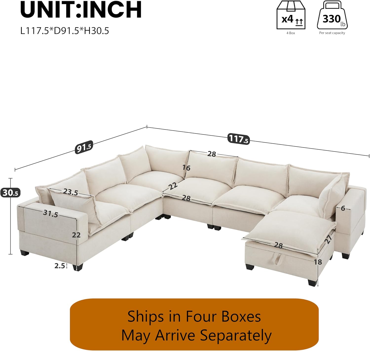 Ball & Cast Oversized U Shaped Sectional Couch with Movable Storage Ottoman,7 Seat Chenille Upholstered Sectional Sofa w/9 Pillows,DIY Combination,Wide Seat Couches for Living Room,Office,Beige