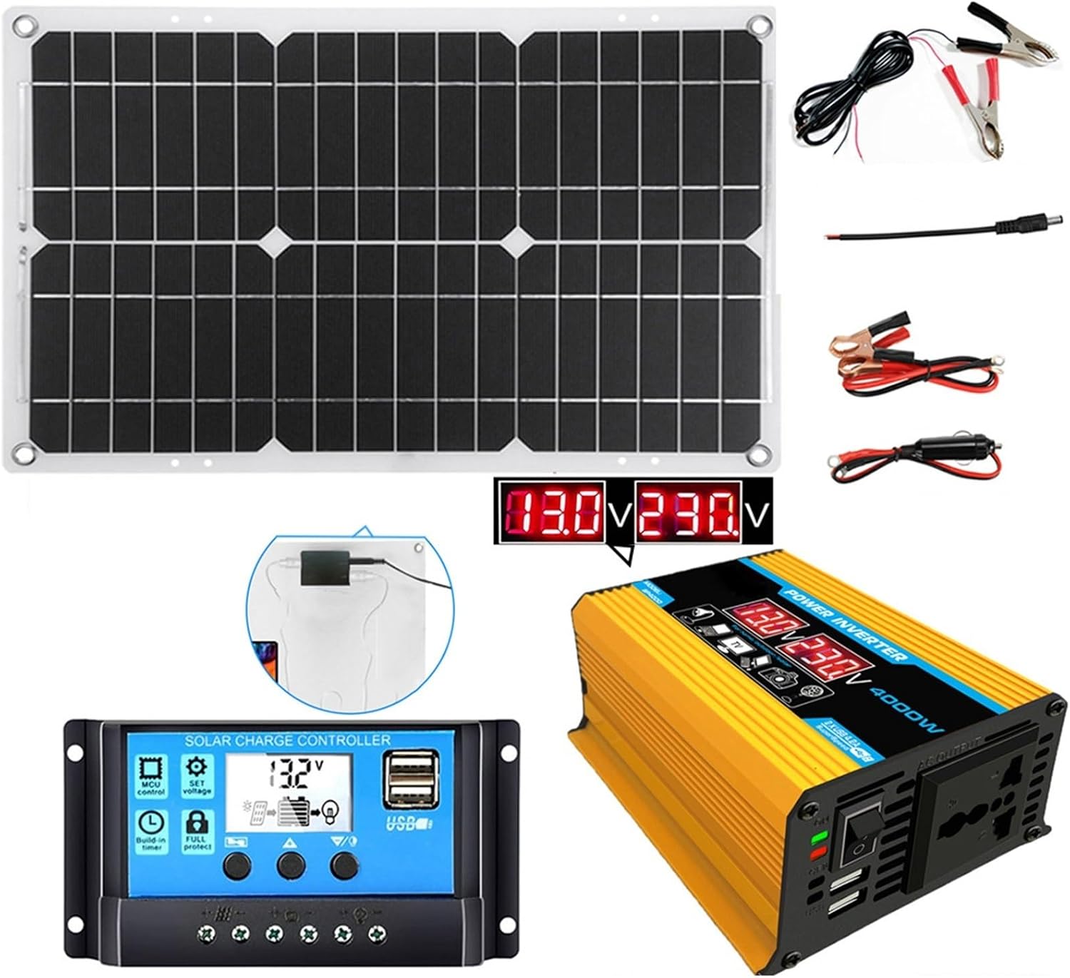 4000W 12V to 110V/220V Inverter Controller Solar Panel Kit 30A Controller + 18w12v Solar Panel Solar System Combo Solar Generator Home Grid System(Yellow,12V-110V)