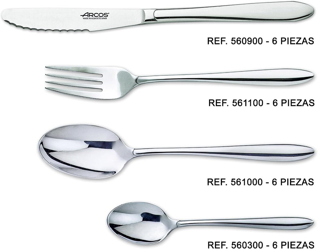 Arcos 24-Piece Flatware Set. Premium Stainless Steel Silver Cutlery Set with 6 Knives, 12 Spoons, and 6 Forks. All in One Monoblock Design