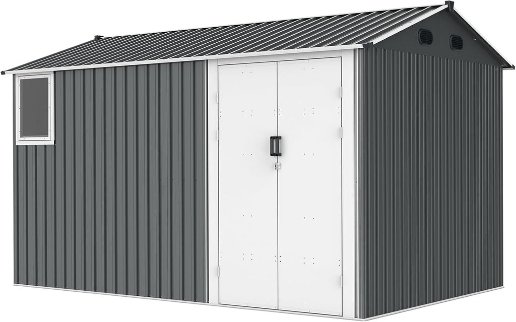 8x12 Ft Metal Outdoor Tool Storage Shed with Window, Floor Base & Air Vents, Gray