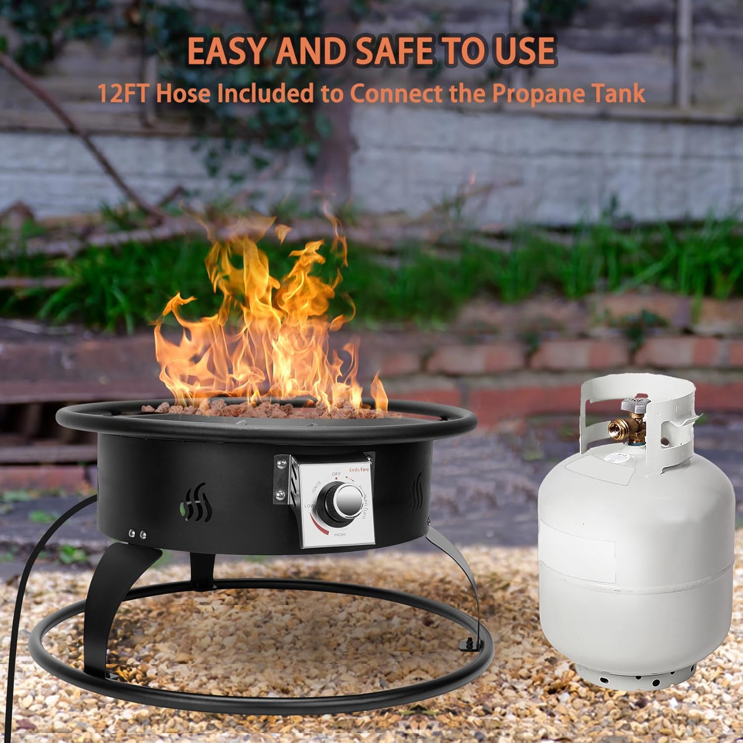 Propane Gas Fire Pit 22¡±, Portable Smokeless Fireplace with 12Ft Hose & Lava Rocks, FirePit for Patio Backyard Bonfire Camping RV Tailgating Beach Party, 55000BTU, #FP001