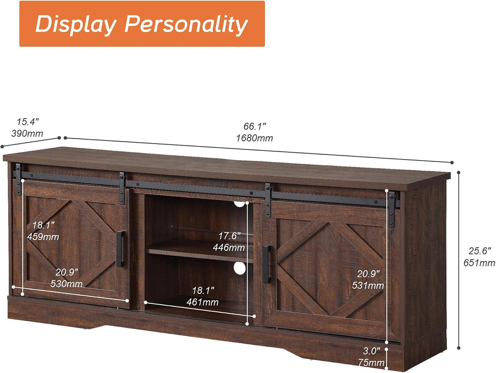 WAMPAT Modern Farmhouse TV Stand for TVs up to 75' with Sliding Barn Doors, 25.6' H Wood Entertainment Center with Adjustable Media Storage Shelf for Living Room, Dark Walnut Brown