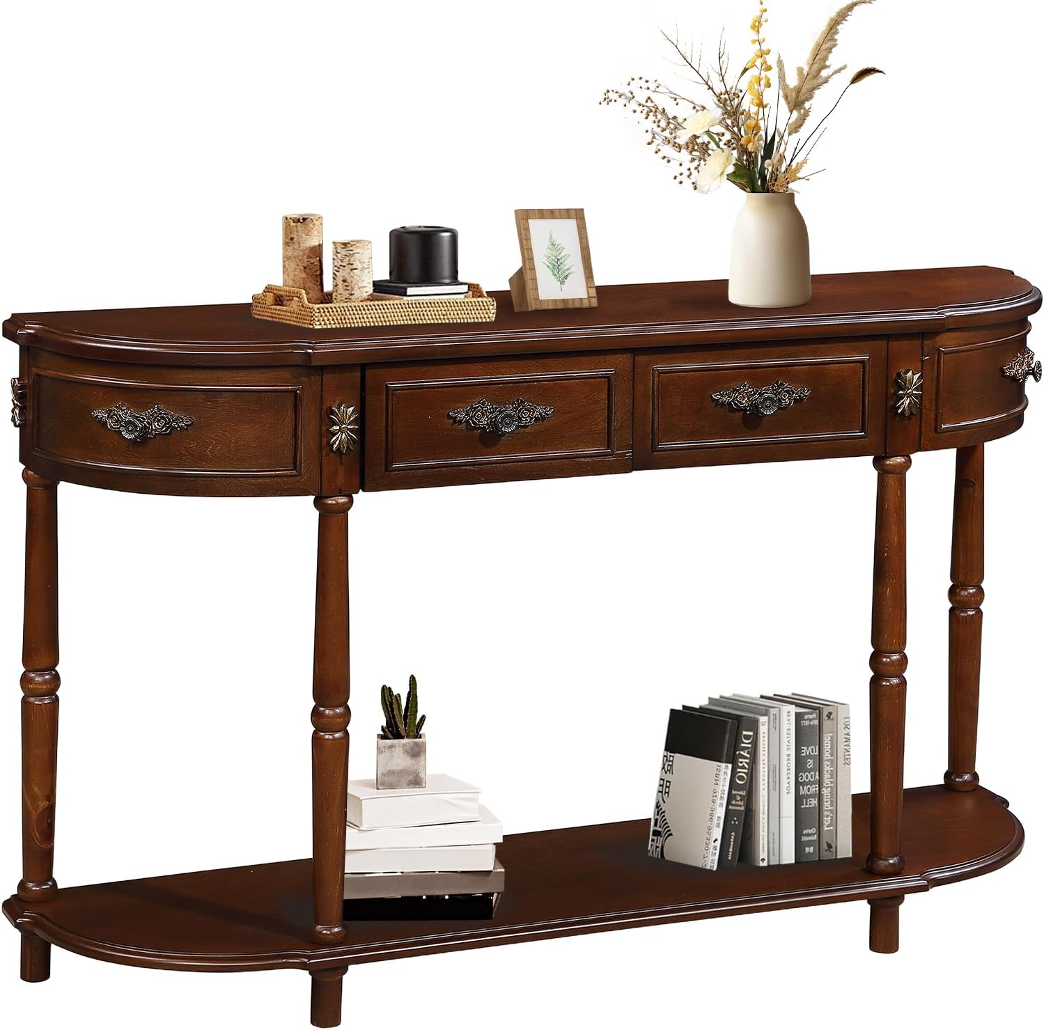 Retro Curved Console Table, 52' Half Moon Console Table Sofa Table Entryway Table with 2 Drawers 1 Open Shelf Solid Pine Legs for Living Room,Entryway,Hallway,Cherry