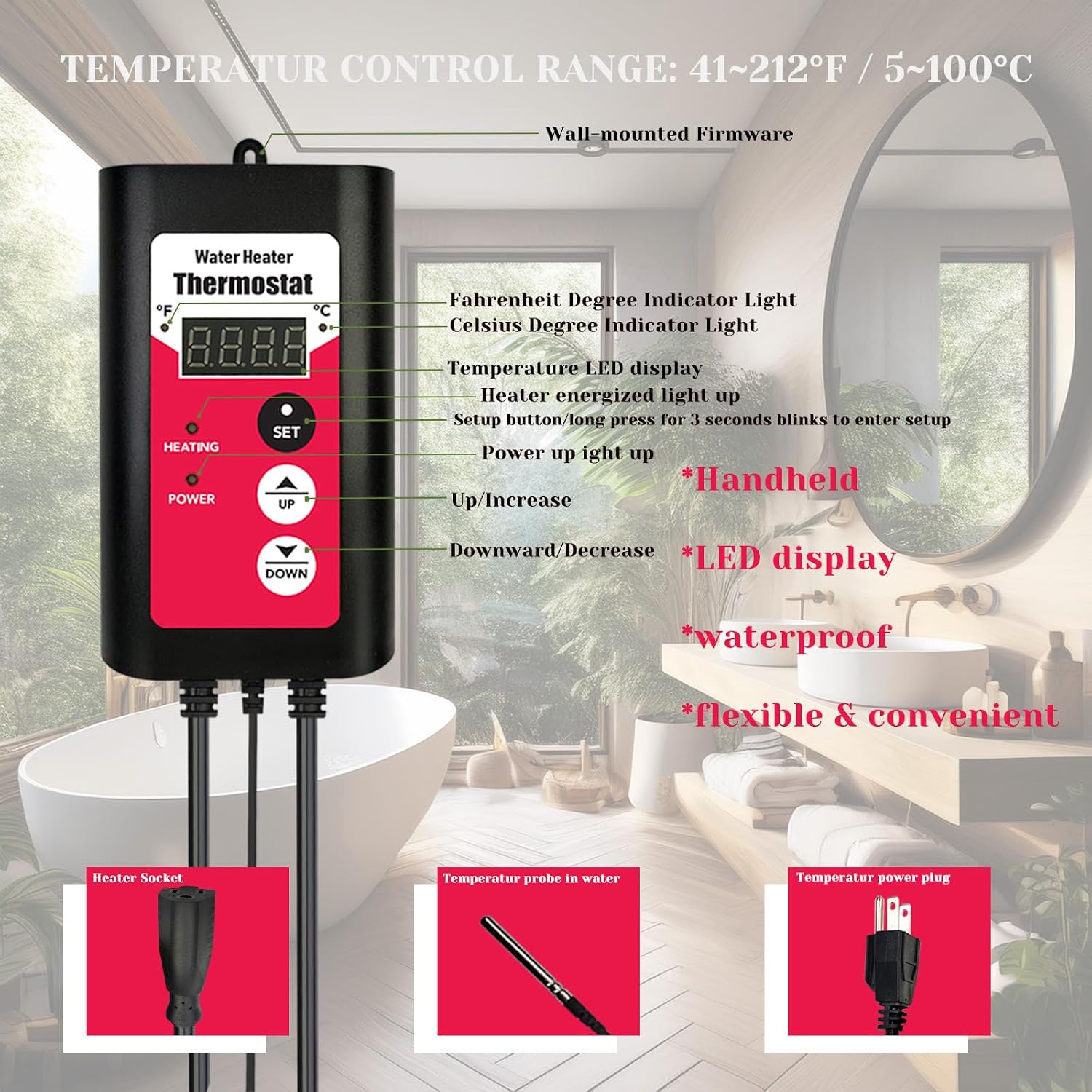 1500W Immersion Pool & Hot Tub Water Heater Portable Electric Submersible Heater with Temp Control & GFCI for pond, Inflatable Pool, Above-Ground Pool, Bathtub, baptismal pool and baptistry