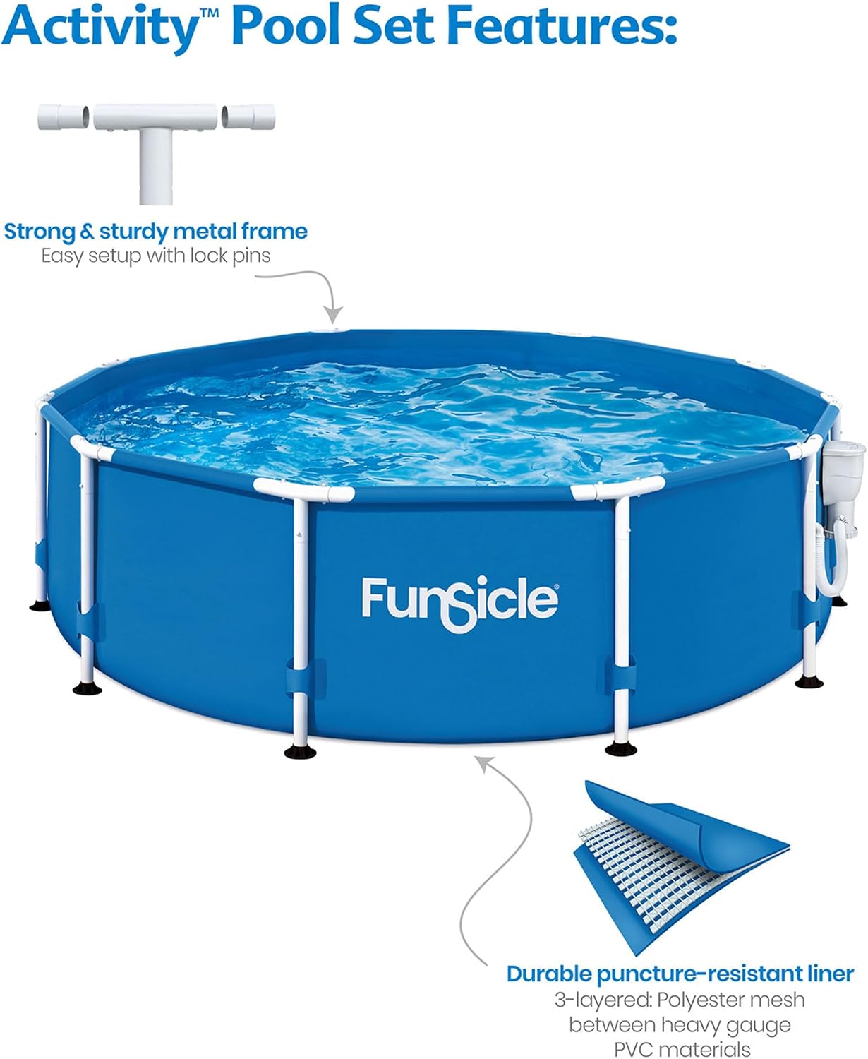 Funsicle 10' x 30' Outdoor Activity Round Metal Frame Above Ground Swimming Pool Set with 10' Secure Debris Pool Cover & SkimmerPlus Filter Pump, Blue