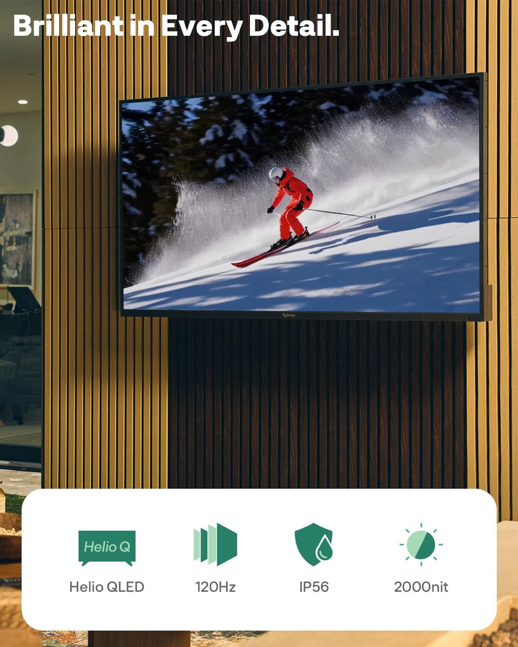 SYLVOX Outdoor TV, 55-Inch Helio QLED Mini LED TV 120Hz, 2000 Nits, IP56 Waterproof, Anti-Glare, Dolby Atmos Speakers 30W*2, Smart Television for Patio, Backyard & Full Sun Areas (Cinema Series)