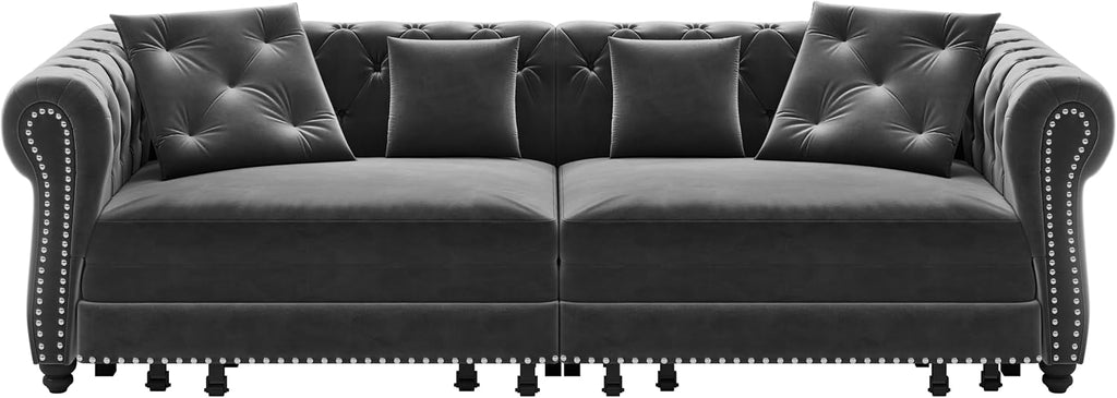 Ball & Cast 3-in-1 Convertible Sofa Bed with Movable Ottoman, 89' Pull Out Couch Bed King Size, Velvet 3 Seater Sleeper Sofa with Nailhead Trim & Rolled Arm,Sofa Couches for Living Room,Blue