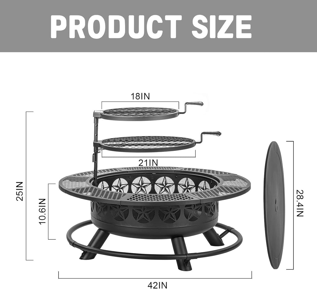 Verdeluxe 42 Inch BBQ Fire Pit with 2 Grills,3-in-1 Outdoor Round Metal Fire Pit Table with Lid,Fire Poker,Large Outdoor Wood Burning Firepits for Outside,Picnic,Bonfire Backyard Patio(Black)