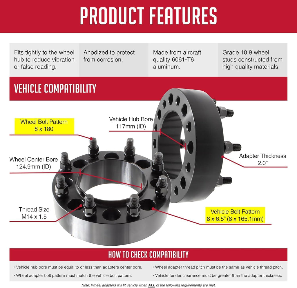 Wheel Accessories Parts 2 Pcs Hub Centric Wheel Spacers 8 on 6.50 2.00 Thick 116.7mm Hub M14x1.5 14x1.5 Thread Stud Fits Adapts 2011+ Siverado Sierra 2500 3500 Wheels to 1999-10 2500 3500