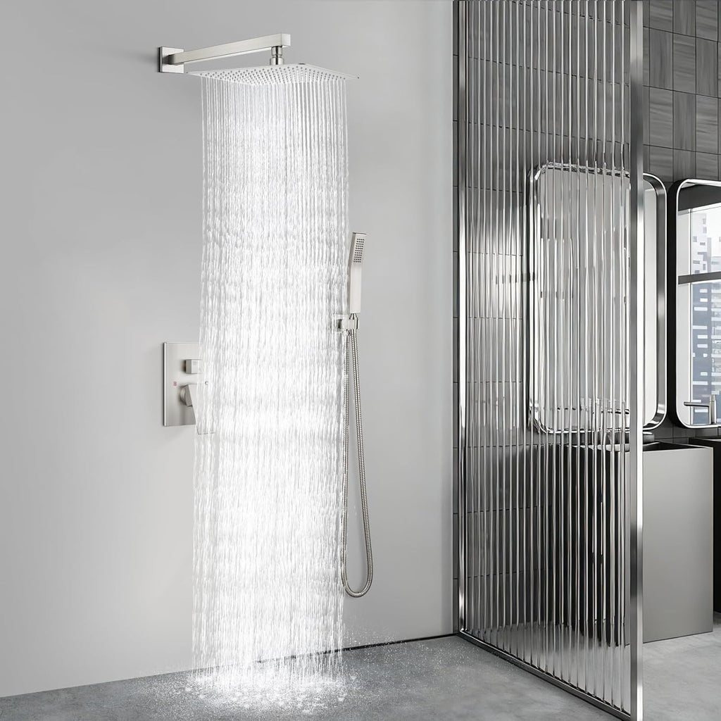 Aolemi Shower Faucet Set Rain Shower System with Handheld Spray Bathroom Shower Combo Rough-in Valve and Shower Trim Kit Included Brushed Nickel 16 Inch Wall Mount Shower Head