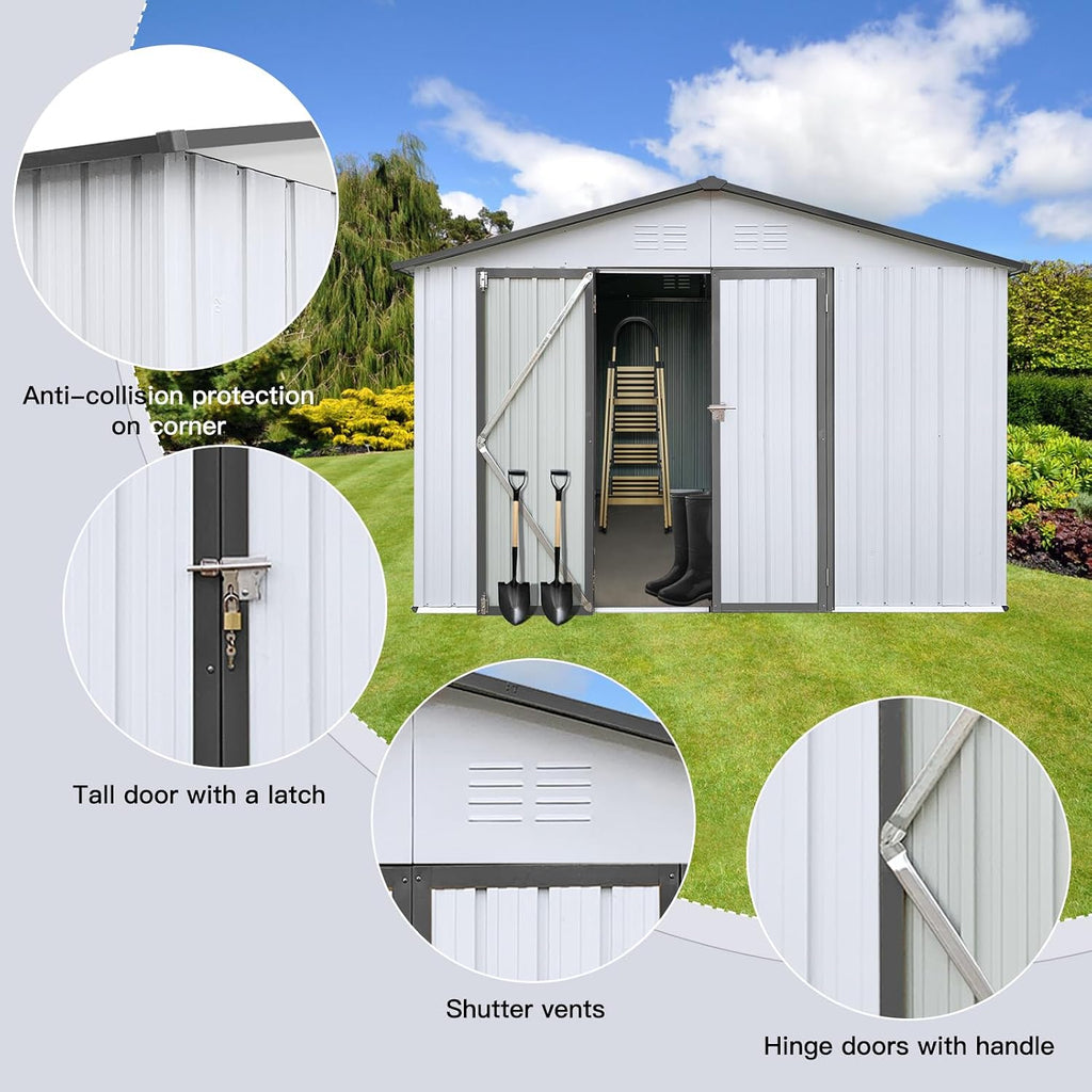 10X12 FT Outdoor Storage Shed, Galvanized Steel Garden Tools Shed with Hinged Door & Padlock, Large Storage Cabinets for Patio, Backyard, Lawn, Garden (White & Gray)
