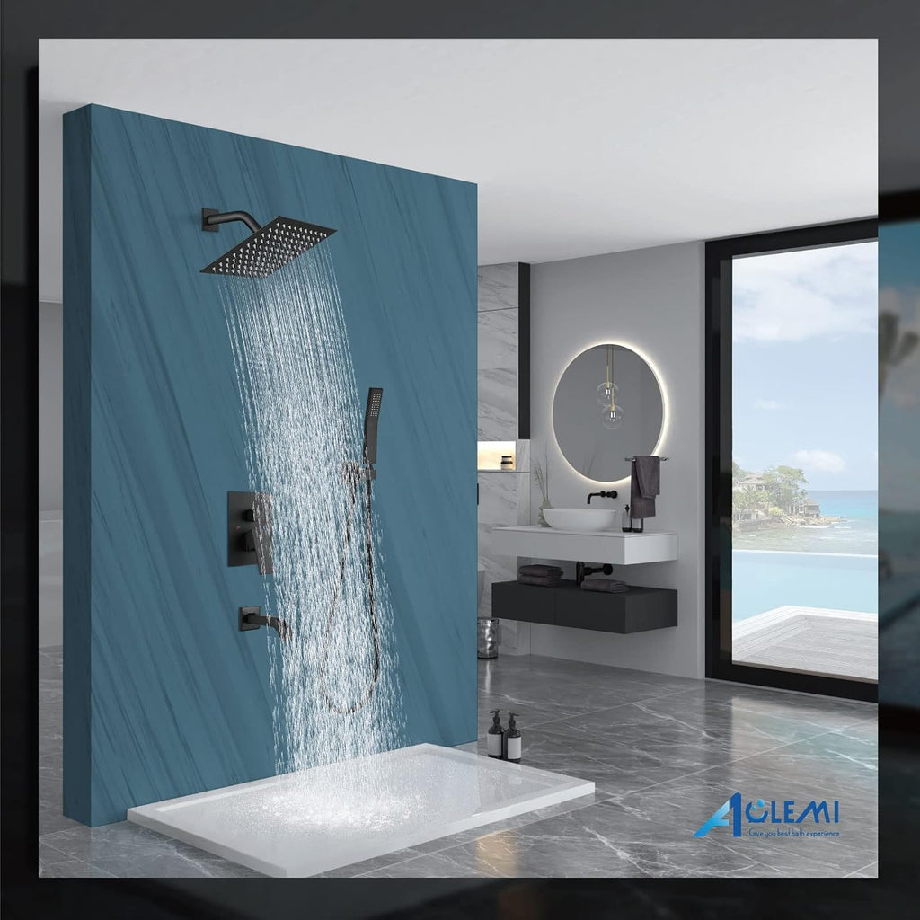 Aolemi Rainfall Shower System Shower Head Combo Set with Tub Filler Handheld Shower Luxury Rough-in Valve Included Wall Mount Bathroom Shower Mixer Faucet 8 Inch Shower Head Matte Black
