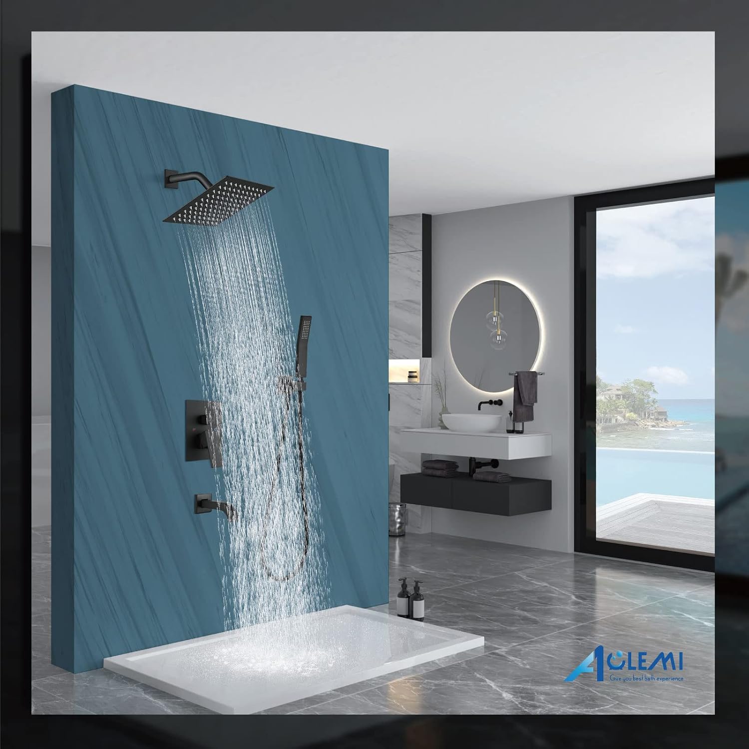 Aolemi Rainfall Shower System Shower Head Combo Set with Tub Filler Handheld Shower Luxury Rough-in Valve Included Wall Mount Bathroom Shower Mixer Faucet 8 Inch Shower Head Matte Black