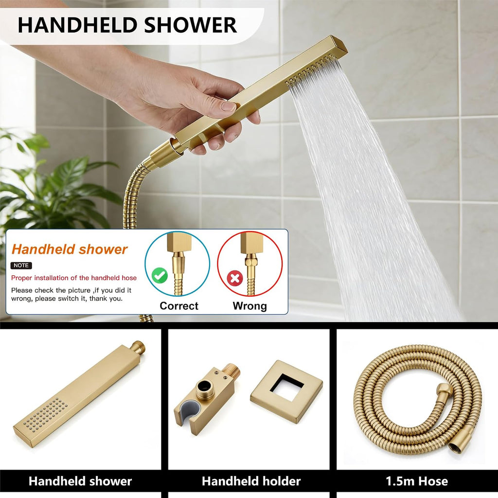 Midanya Shower System with Tub Spout,Bathtub Shower Faucet Set with Square Rainfall Head and Handheld Sprayer Wall Mount Tub Faucet Set with Valve and Trim Kit,10 Inch Brushed Gold