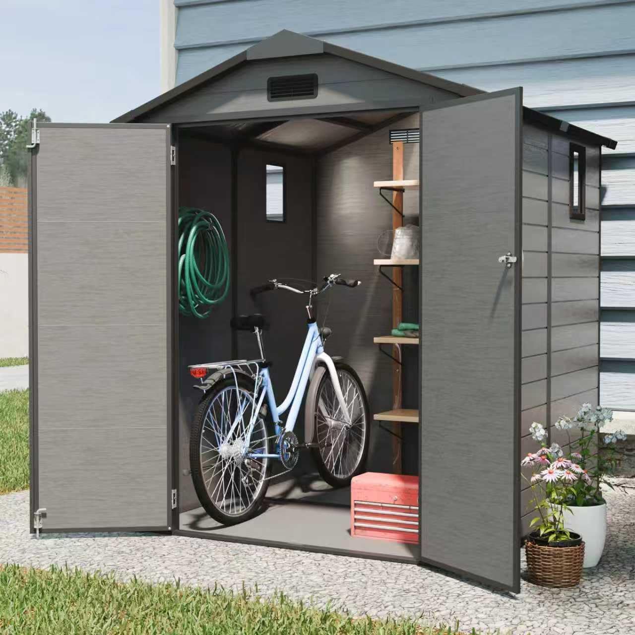 6 × 6 FT Resin Storage Shed, Lockable Plastic Shed with Transparent Top Plate, Two Windows, Floor and Vents for Lawn Mowers and Other Garden Tools Storage Dark Gray