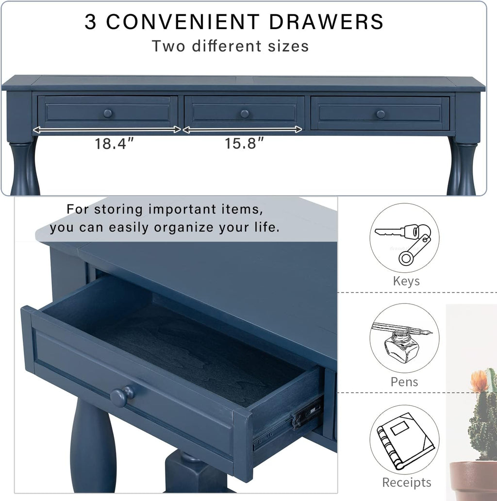 Merax Console Table, 64' Long Extra-Thick Entryway Table Sofa Table with 3 Drawers and Shelf for Entryway, Hallway, Living Room (Navy Blue)