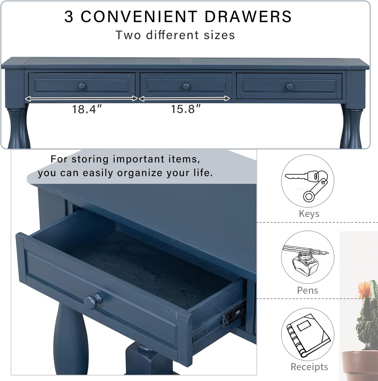 Merax Console Table, 64' Long Extra-Thick Entryway Table Sofa Table with 3 Drawers and Shelf for Entryway, Hallway, Living Room (Navy Blue)