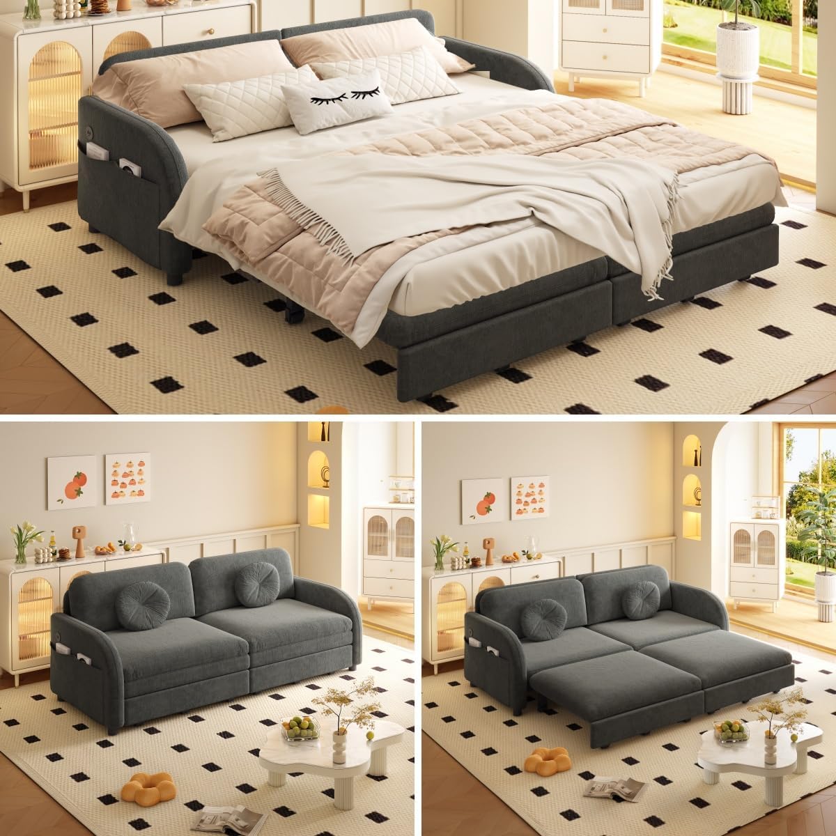 65.4'' Pull Out Couch Bed Queen Size, Chenille Sleeper Sofa Daybed, 3 in 1 Convertible Couches, Futon Sofa with 2 Pillows, Storage Pockets, USB, Loveseat for Living Room, Small Spaces, Grey