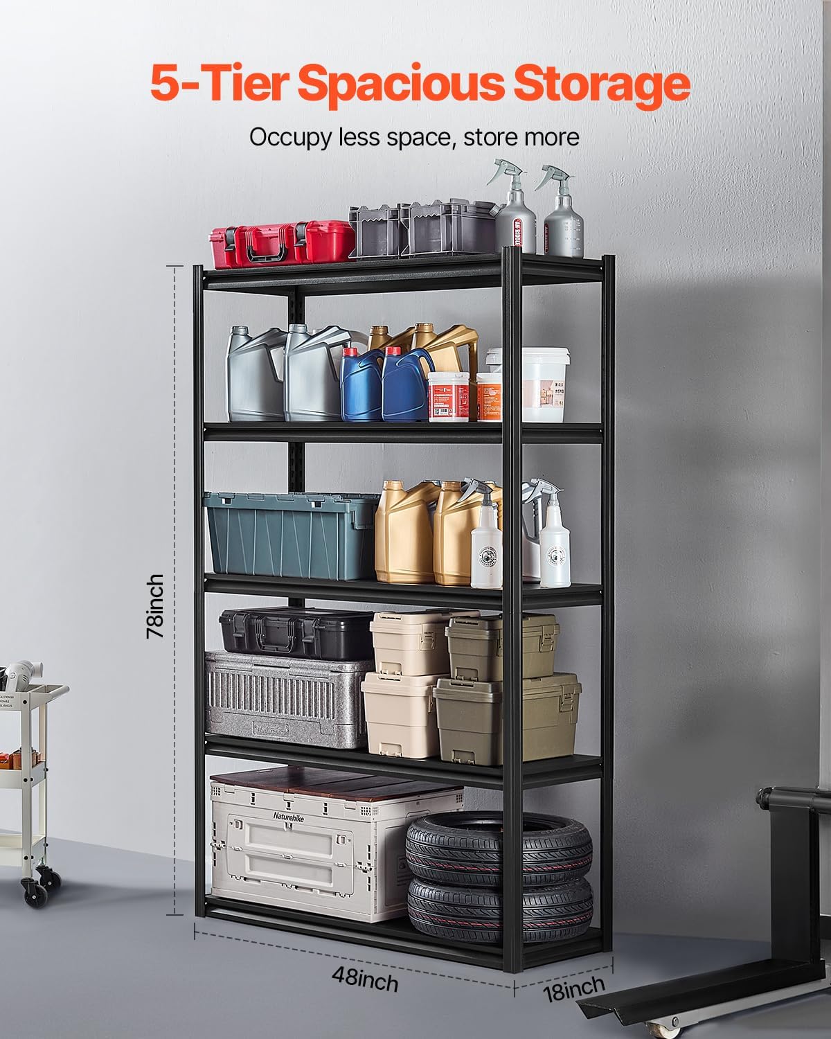 VEVOR Storage Shelves, 3000 lbs, 5 Tier Garage Storage Shelving, 18' D x 48' W x 78' H Adjustable Metal Shelves for Garage Shelves Utility Rack Shelf, Ideal for Kitchen, Warehouse, Basement, Black