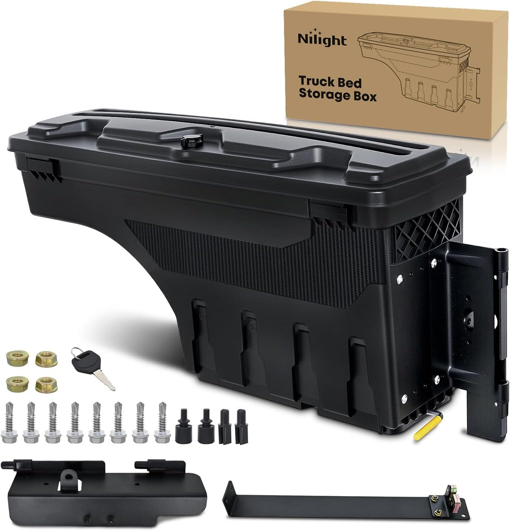 Nilight Truck Bed Tool Box Right Passenger Side Truck Tool Box Fit for Toyota Tundra 2007-2021 ABS Swing Case Truck Bed Storage Box with Lockable Lid Waterproof Wheel Well Toolbox Black