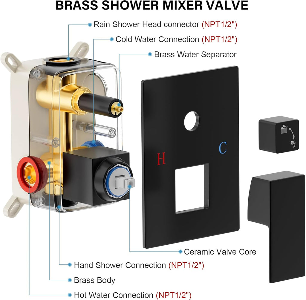 FPXRNG Black Shower Faucet Set, Rainfall Shower System with Square Shower Head and Handle Set, Wall Mounted Shower Fixtures, Full Metal Trim Repair Kit 12 inch Matte Black (With Shower Valve)