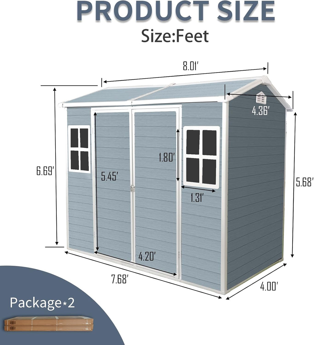KEIKI 4x8 FT Outdoor Storage Shed Waterproof Resin Cabinet,Sloped Roof Polypropylene Frame with Two-Window and Double-Door for Patio Furniture Tools