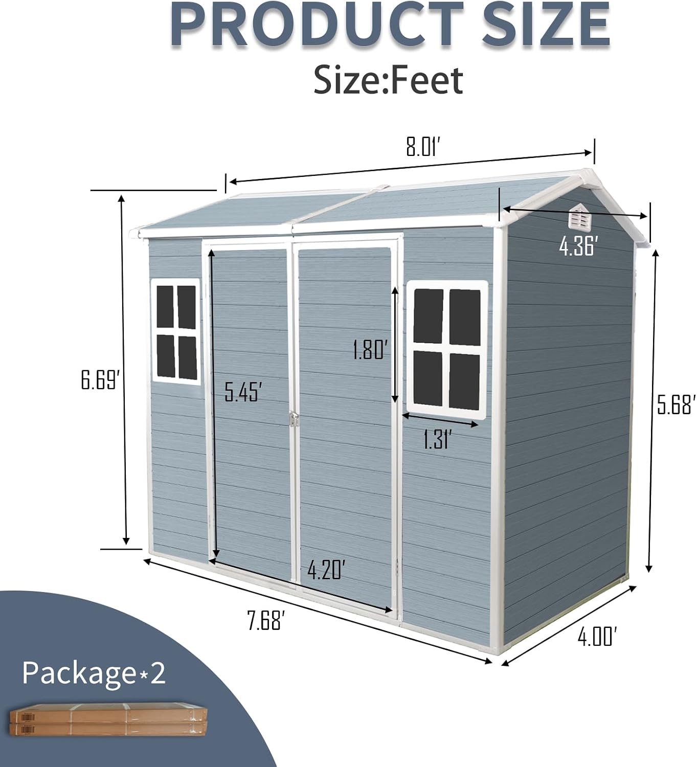 KEIKI 4x8 FT Outdoor Storage Shed Waterproof Resin Cabinet,Sloped Roof Polypropylene Frame with Two-Window and Double-Door for Patio Furniture Tools
