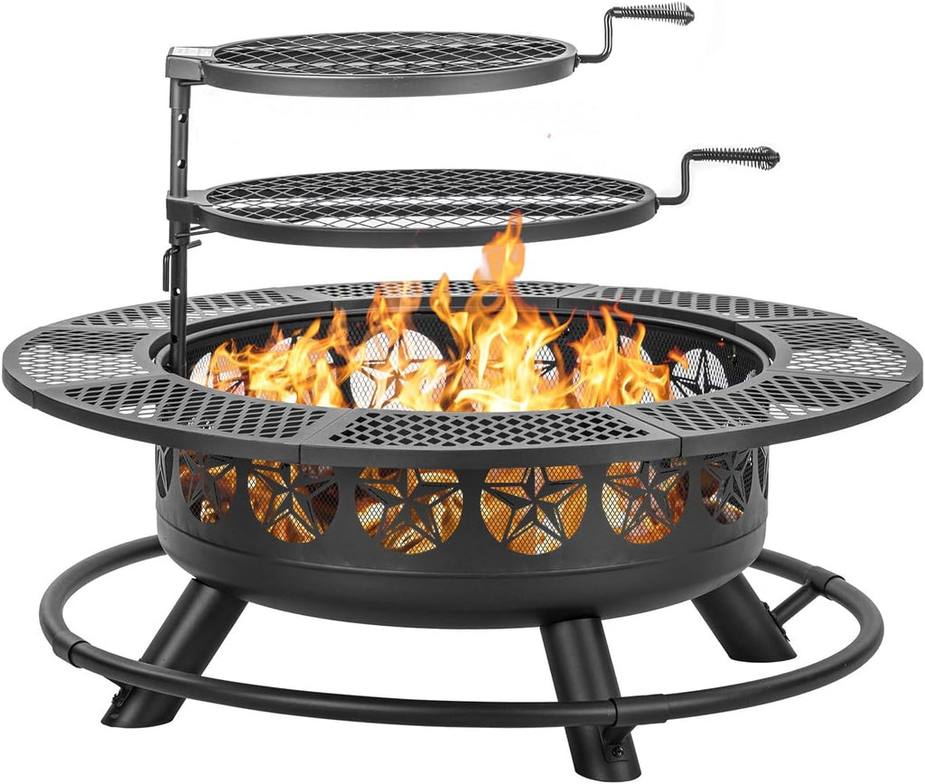 Verdeluxe 42 Inch BBQ Fire Pit with 2 Grills,3-in-1 Outdoor Round Metal Fire Pit Table with Lid,Fire Poker,Large Outdoor Wood Burning Firepits for Outside,Picnic,Bonfire Backyard Patio(Black)