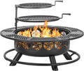 Verdeluxe 42 Inch BBQ Fire Pit with 2 Grills,3-in-1 Outdoor Round Metal Fire Pit Table with Lid,Fire Poker,Large Outdoor Wood Burning Firepits for Outside,Picnic,Bonfire Backyard Patio(Black)