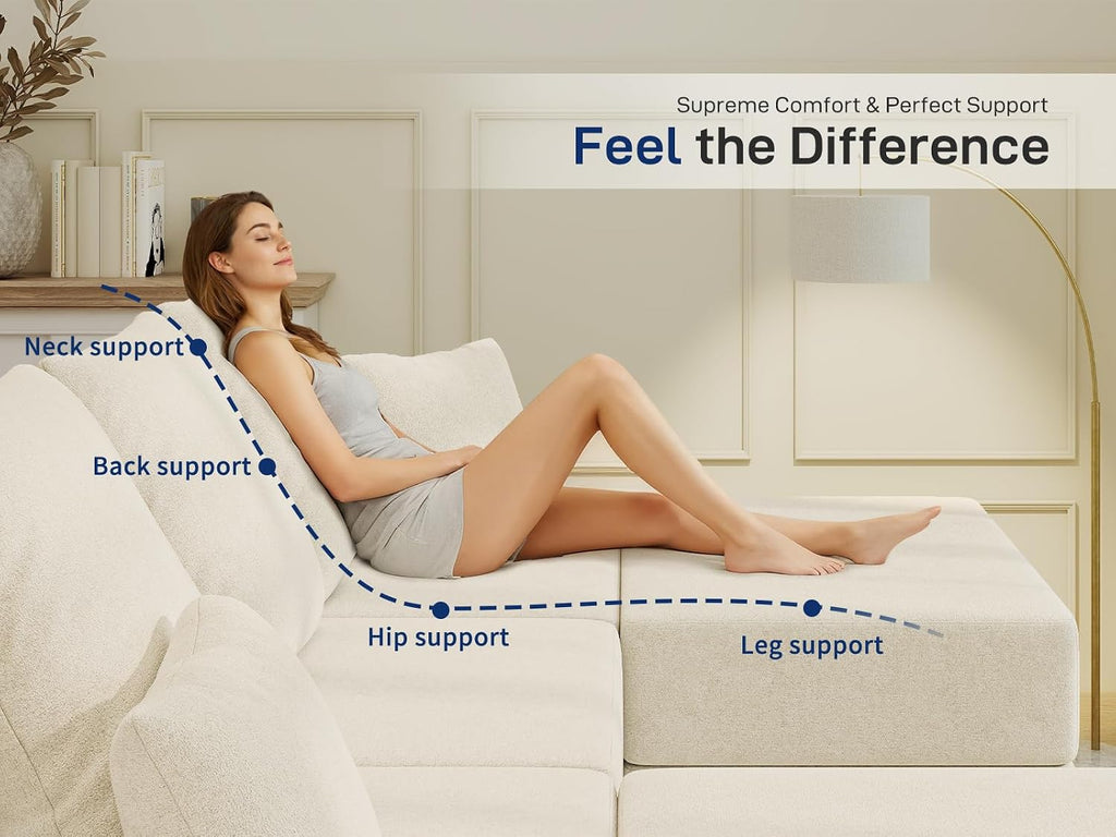 Living&Giving 101' U-Shaped Cloud Sectional Couch for Living Room, Cloud Boneless Couch-No Assembly with Reversible Chaise, Customizable 3-Seat Modular Sectional Sofa with 2 Ottoman, Beige