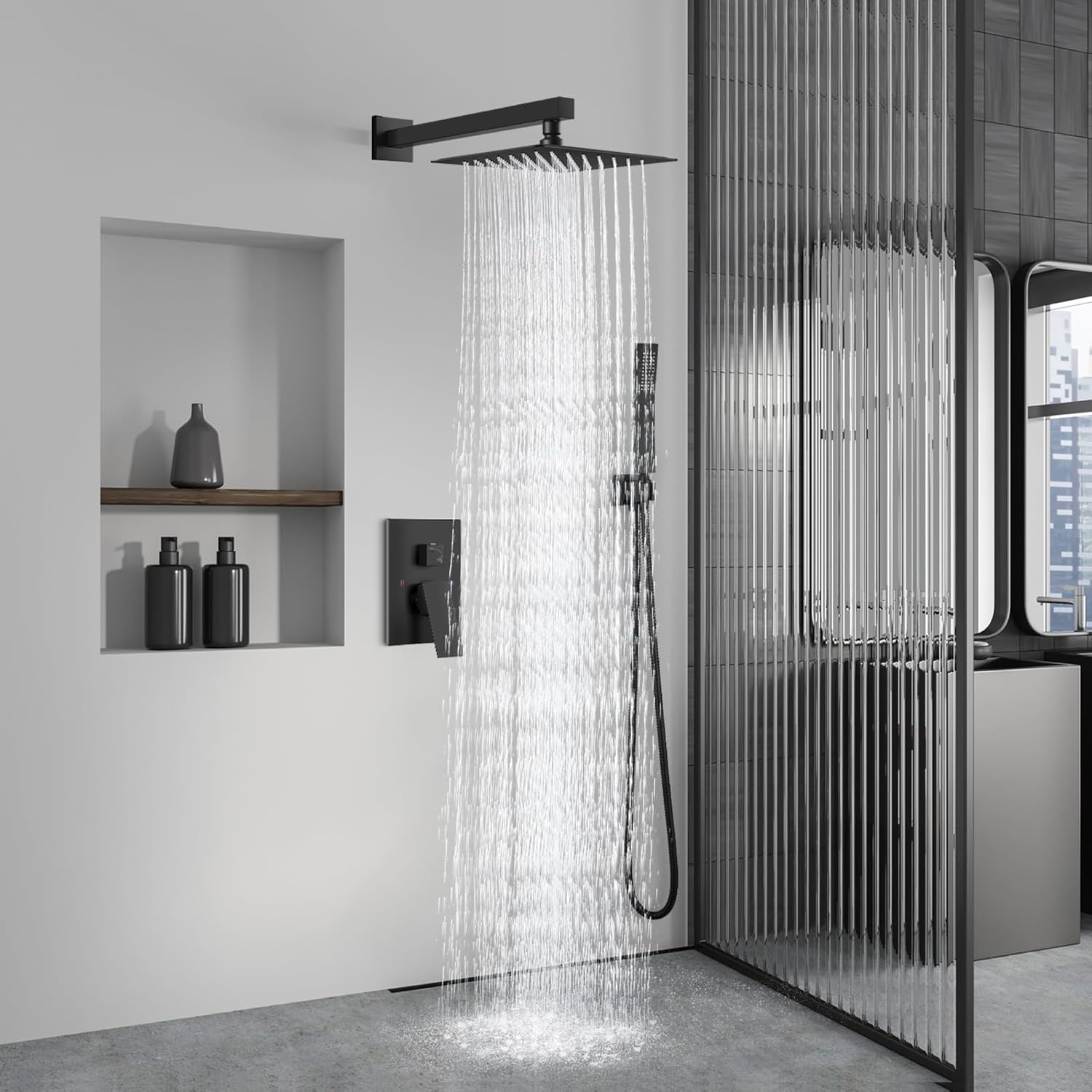 Aolemi Shower Faucet Set Rain Shower System with Handheld Spray Bathroom Shower Combo Rough-in Valve and Shower Trim Kit Included Matte Black 12 Inch Wall Mount Shower Head
